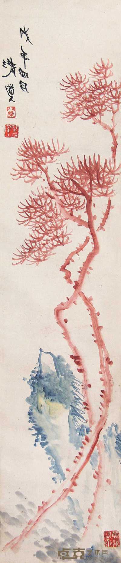 李瑞清 戊午（1918年）作 松石图 立轴 104×22.5cm